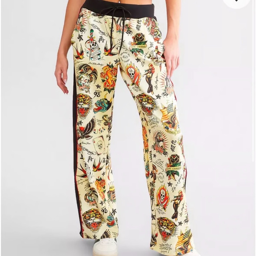 Ed Hardy Tattoo Print Wide-Leg Pants